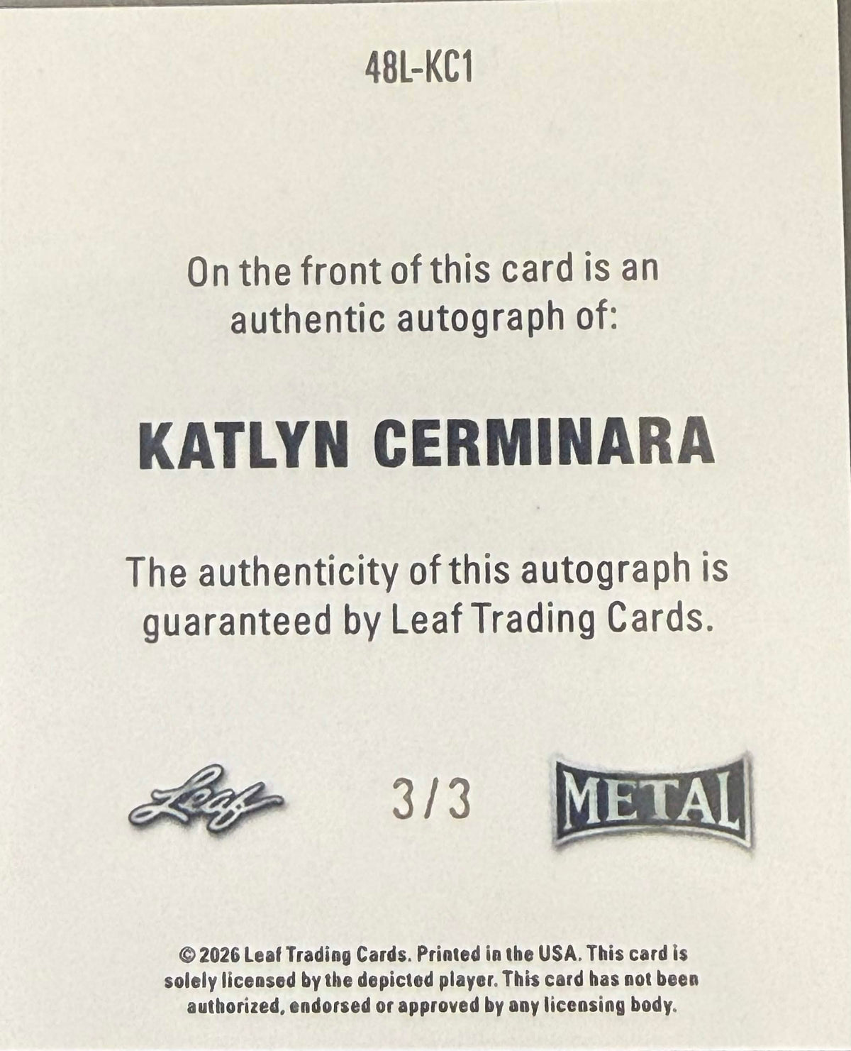 LEAF RING KINGS: Katlyn Cerminara 3/3 Autograph #48L-KC1